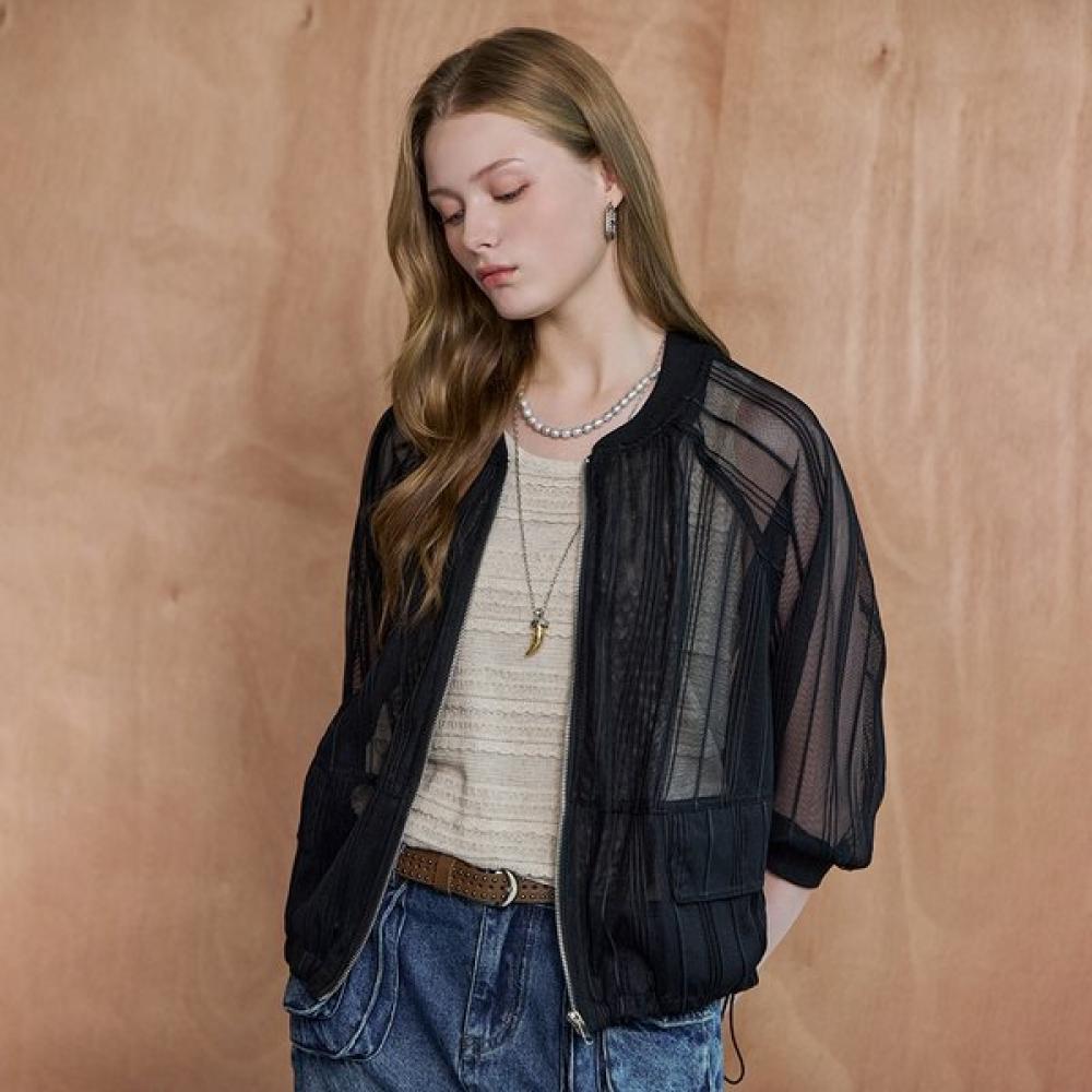 MAXZA Sheer Mesh Stripe Blouson Jumper Blue Zf08qj002nh