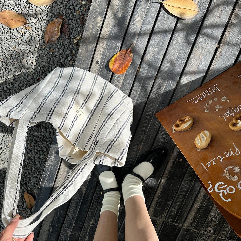 Fashionable Korean Large Capacity Striped Canvas Tote Bag For Spring Summer