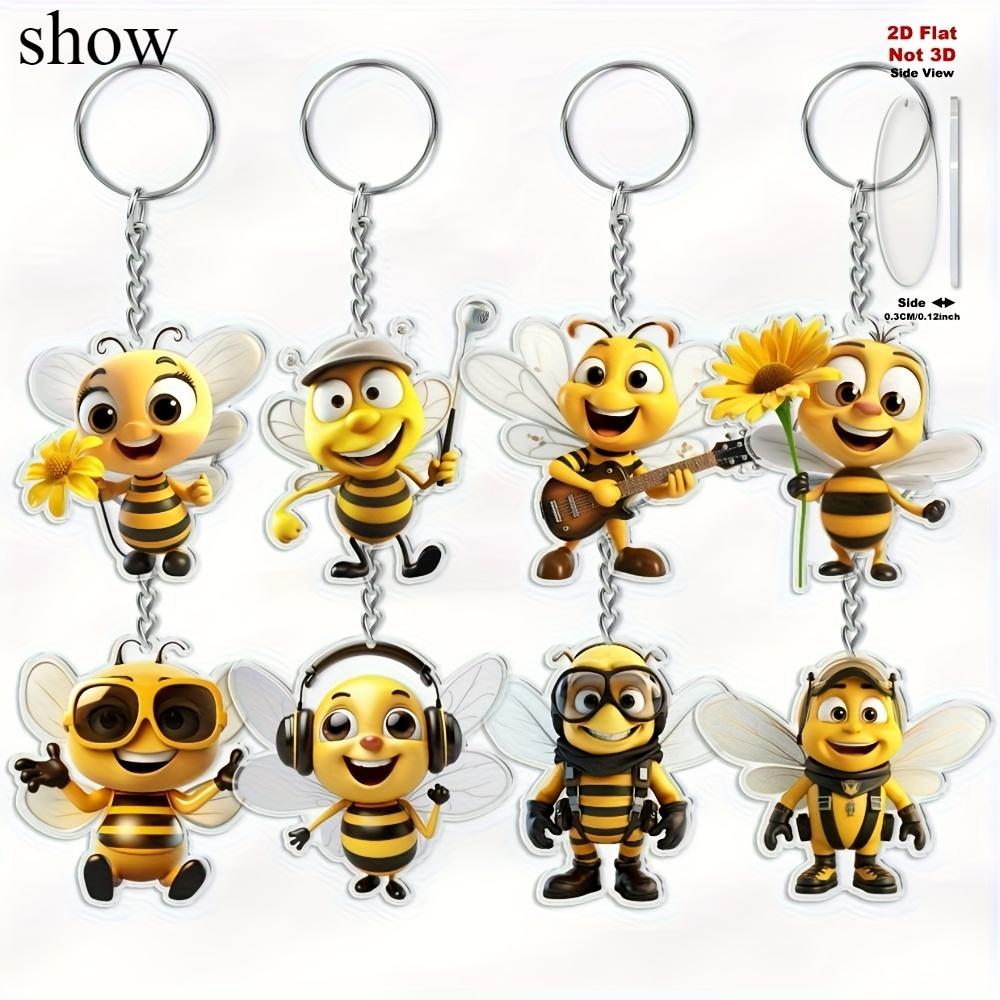 2D Flat 8-piece Bee Keychain, Cute Cartoon Bee Theme Keychain, Decorative Pendant.