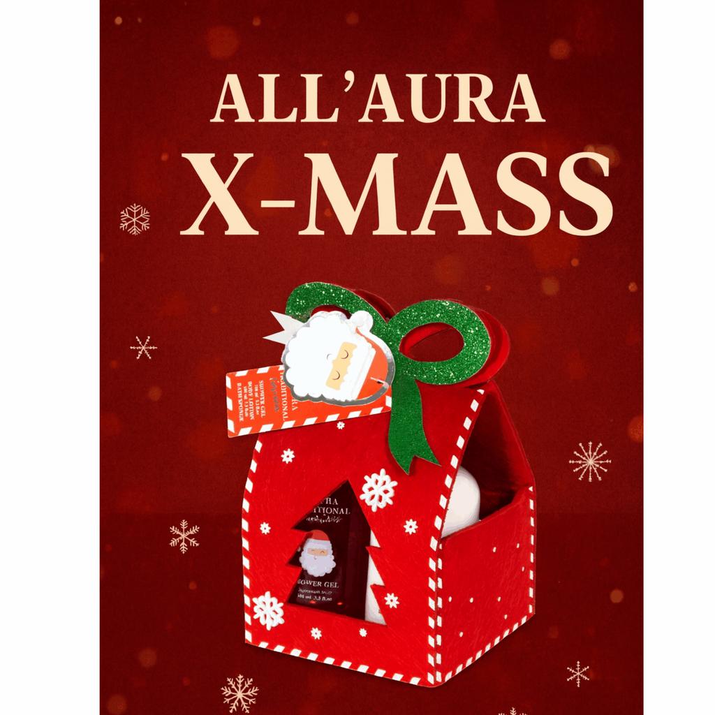 All''Aura X-Mass Care Set In a Felt Bag with a Bow Shower Gel 100ml, Body Lotion 100ml, Body Wash Sponge