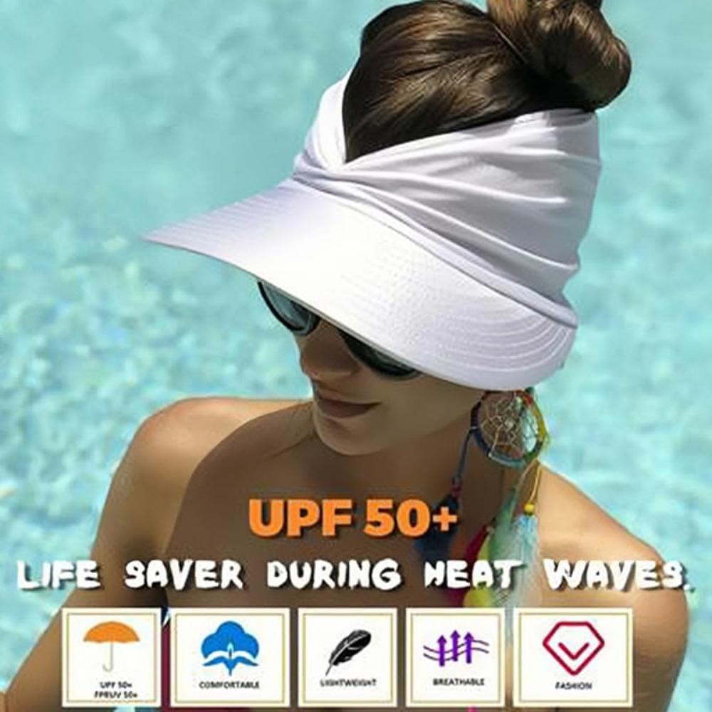 Women's UPF 50+ UV Protection Sun Visor Hat Wide Brim Foldable Beach Cap for Ponytail Golf Running Travel Summer Outdoor Hats (white)