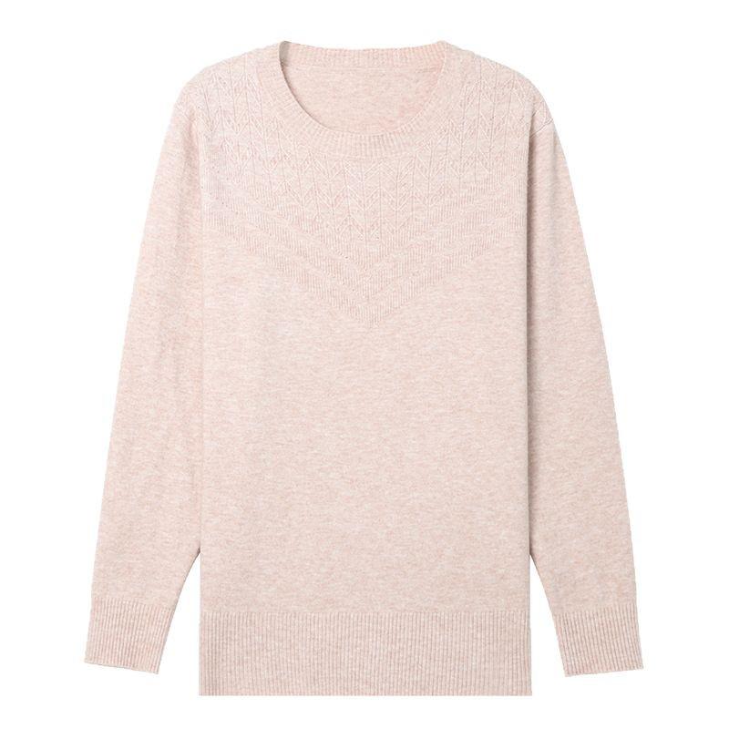Spring 2025 Solid Color Round Neck Sweater for Middle-Aged and Elderly Women - New National Style, Simple Long-Sleeved Pullover Top