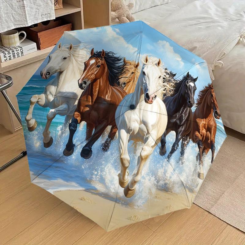 1pc running horses on the beach Umbrella with Plastic Handle,Suitable for All Seasons Home Travel Outdoor UmbrellaDD1632