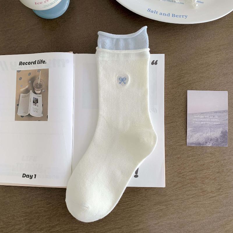 Blue and White Decorative Socks - Lil' Lolydita Bow Tie Ankle Socks with Rolled Edges and Gathered Fabric, Sweet Lace Socks