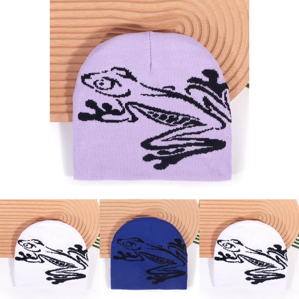 Autumn Winter Acrylic Beanie Hat With Frog Design For Casual Street Style