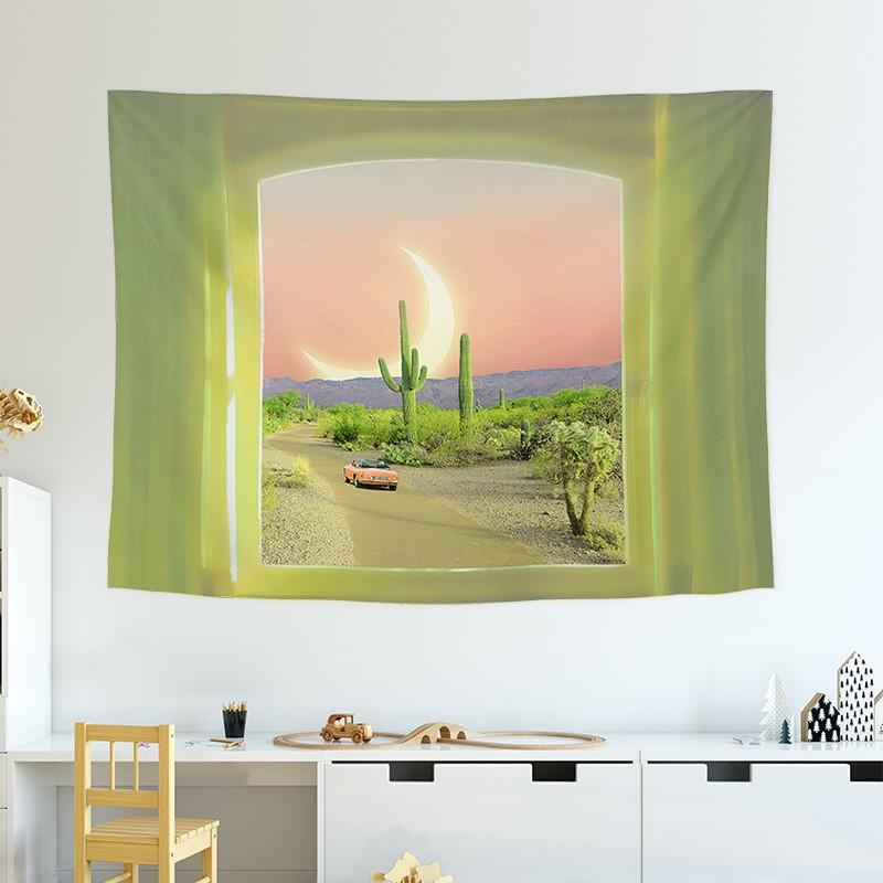 Girl s Heart Simulation Window Scenery Moon Color Tapestry Dreamy Scenery Wall Hanging Home Decoration 100X70CM