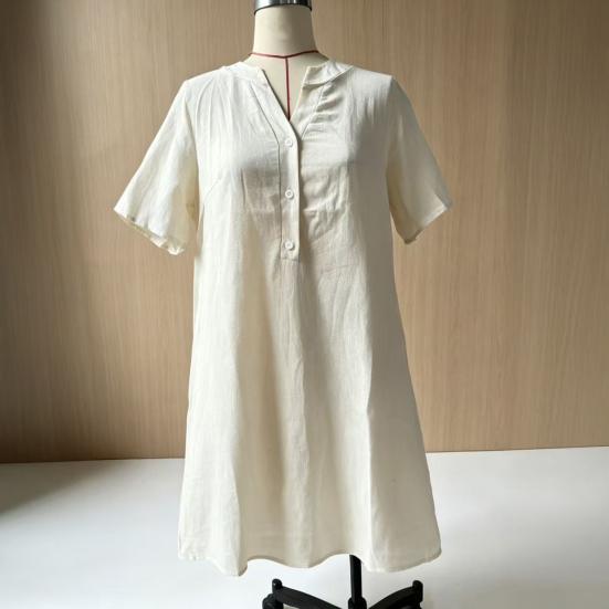 Soft Blended Fabric Dress Summer Short Sleeve for Women, Casual Button Up V Holiday Neck A-line Dress, Flowy Beach Vacation Sundress with Pockets
