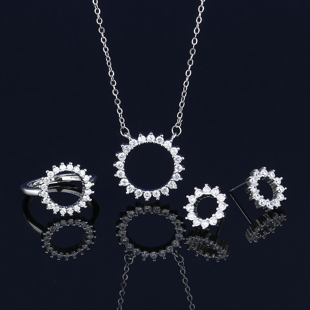 Women s Rhombus Zircon Trend Wave Personality Circle Set Necklace Ring Stud Earrings Ring Size:Adjustable