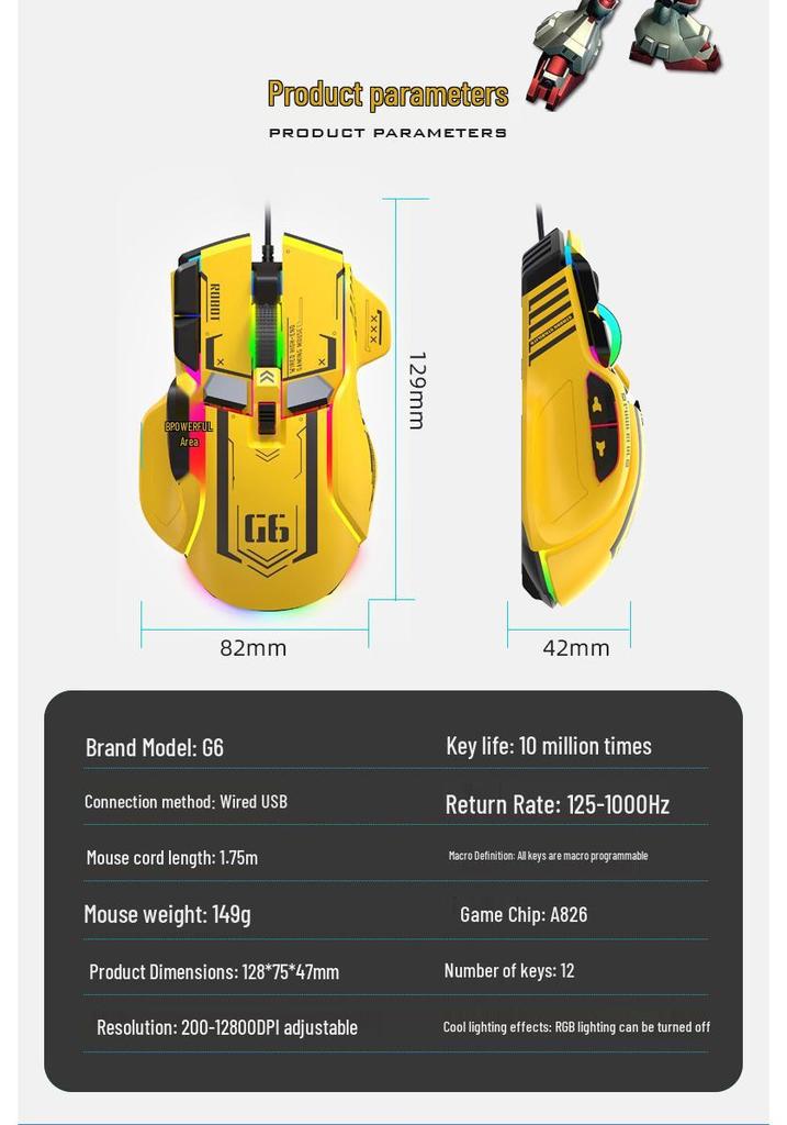 G6 Wired Mechanical Gaming Mouse with RGB Lighting and Macro Programming