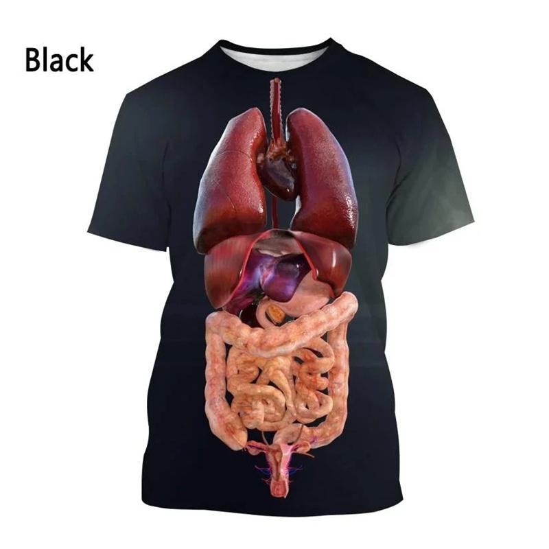 Camisetas Padrão Órgãos Humanos Ossos Para Homens Personalidade Estampadas 3D Verão Casual Manga Curta Soltas Camisetas Gola Redonda Tops
