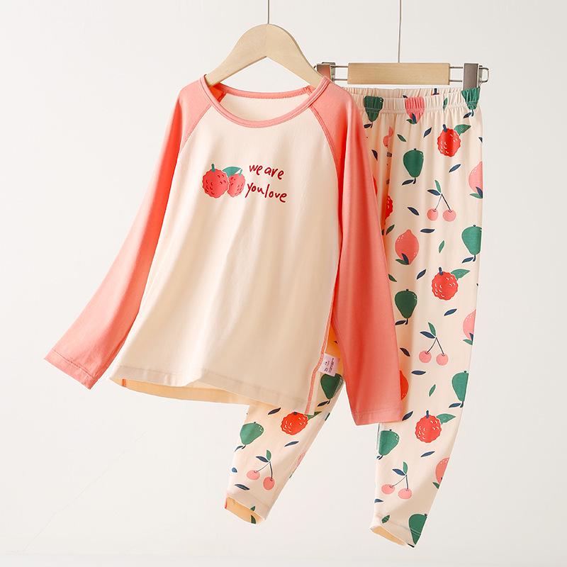 Wiosenno-letni bawełniany zestaw piżamy dla dziewczynek klasy A: Uroczy, Domowy Strój z Okrągłym Dekoltem dla Średniego Dziecka - Jesienne Spodnie w Zestawie