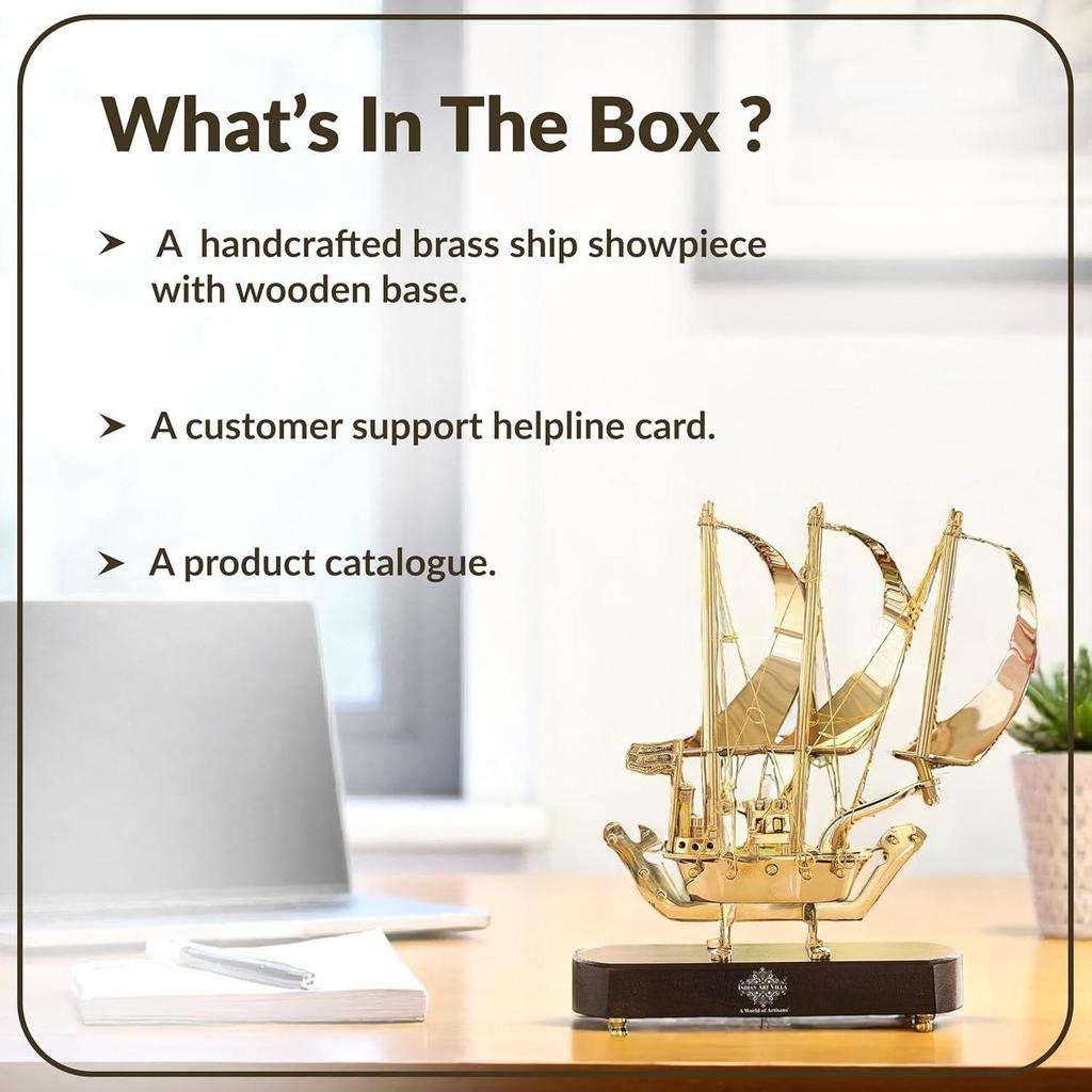 Brass Ship with Wooden Base, Showpiece Item, Perfect for Home Decoration and Gifting, 12'' Inch