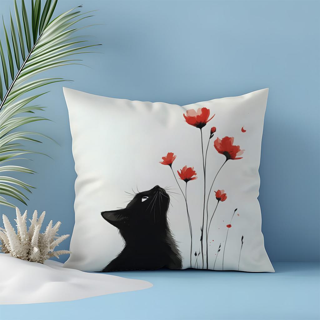 Minimalist Black Cat Red Poppy Pillow Cover Art Print Cushion Case Cat Lover Floral Home Decor Gift
