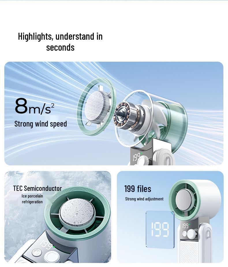 Portable Handheld Cooling Fan with Digital Display, Long Battery Life, USB Rechargeable, Foldable Design for Outdoor Use