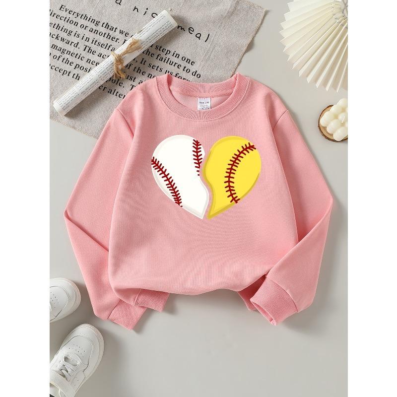 Girls' Long-Sleeve Casual Crewneck Sweatshirt | Baseball Softball Heart Design, Suitable For Outdoor Sports And