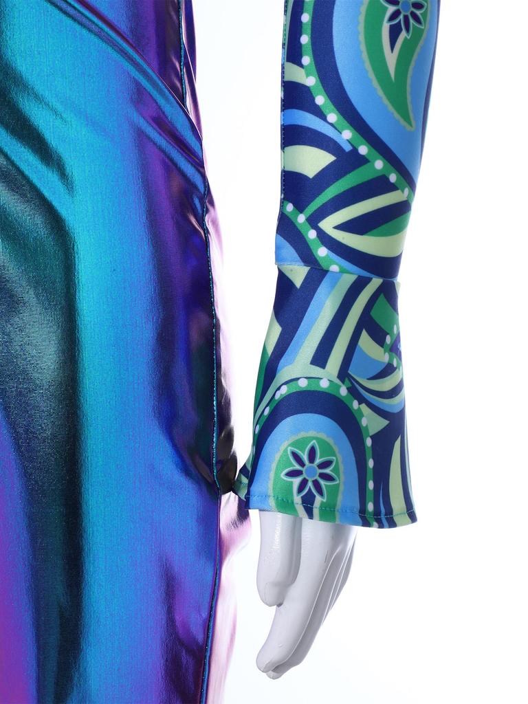 Boys Disco Costume Patchwork Printed Design Shiny Metallic Lapel Collar Long Flare Sleeve Bell Bottomed Pants Jumpsuit