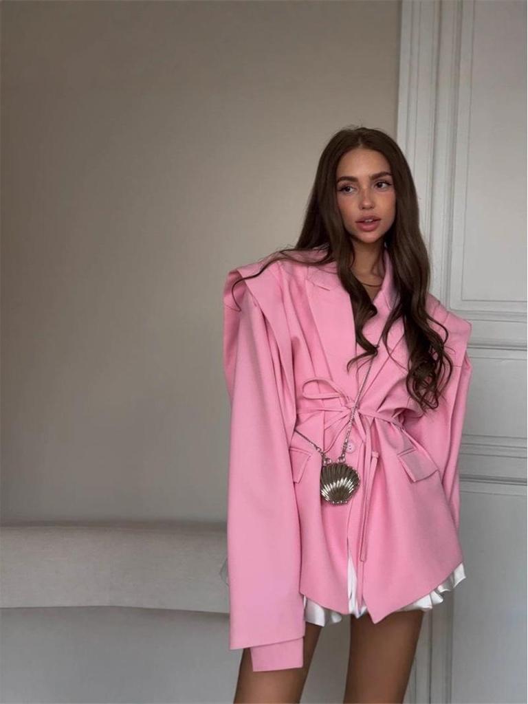 2025 Korean Style Tie-Waist Padded Shoulder Blazer Jacket for Spring/Autumn