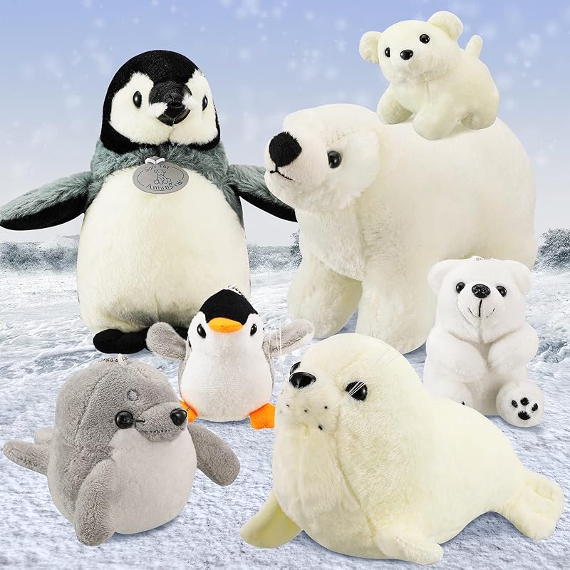 Funtery 7 Pcs Large Stuffed Arctic Animals Set Cute Plush Stuffed Ocean Animal Include Seal Polar Bear Penguin Plush Sea Creature Toys Set for Ocean Animals