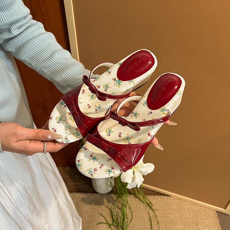 Fashion 2025 New Women's Slippers Summer New High Heels Round Head Open Toe Bow Sandals Casual Fashion Sweet Anomalous Slippers