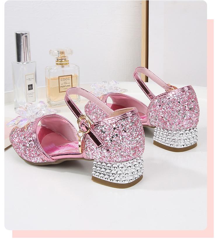 Girls' Crystal High-Heeled Sandals - Elsa Princess Style for Summer 2024