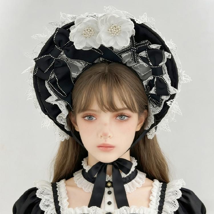 Romance Bonnet Hat Styling Headbands Lace Flower Hairhoop For Women Girl Anime Event Photoshoots And Costume Parties