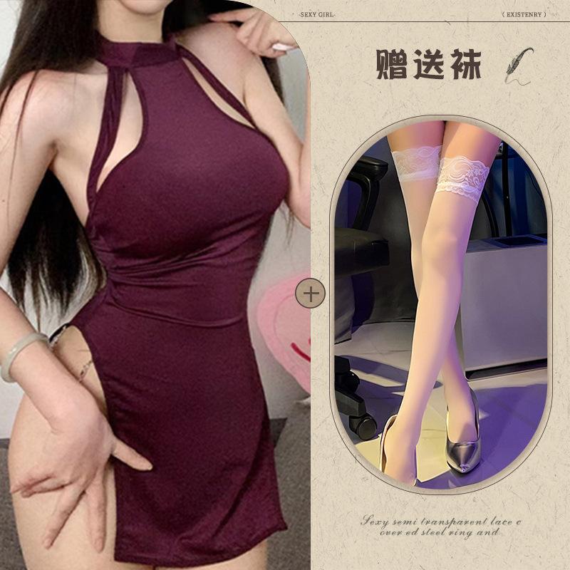 Sexy lingerie women's backless temptation neck-hanging slim women's suspender nightgown pure desire without uniform