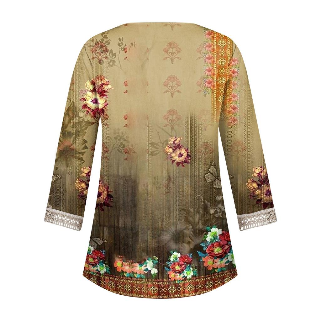 Women's Shirt Blouse Casual Loose Shirts 3/4 Sleeve Lace Trims Print V Neck Tops Print Tops T-shirts