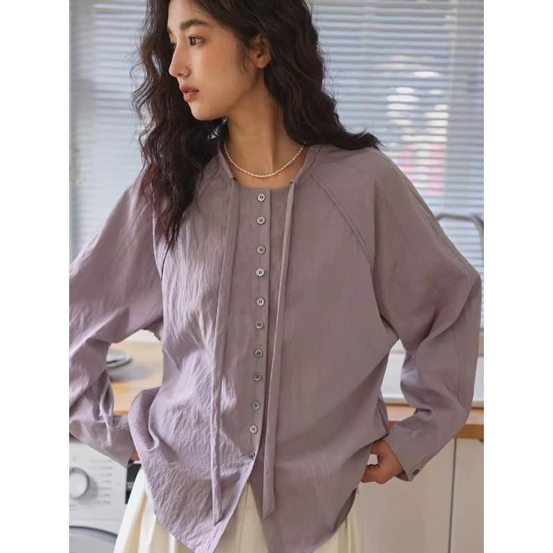 Spring Fashion Women s Retro Loose Shirt Raglan Sleeve Drawstring Blouse S фиолетовый