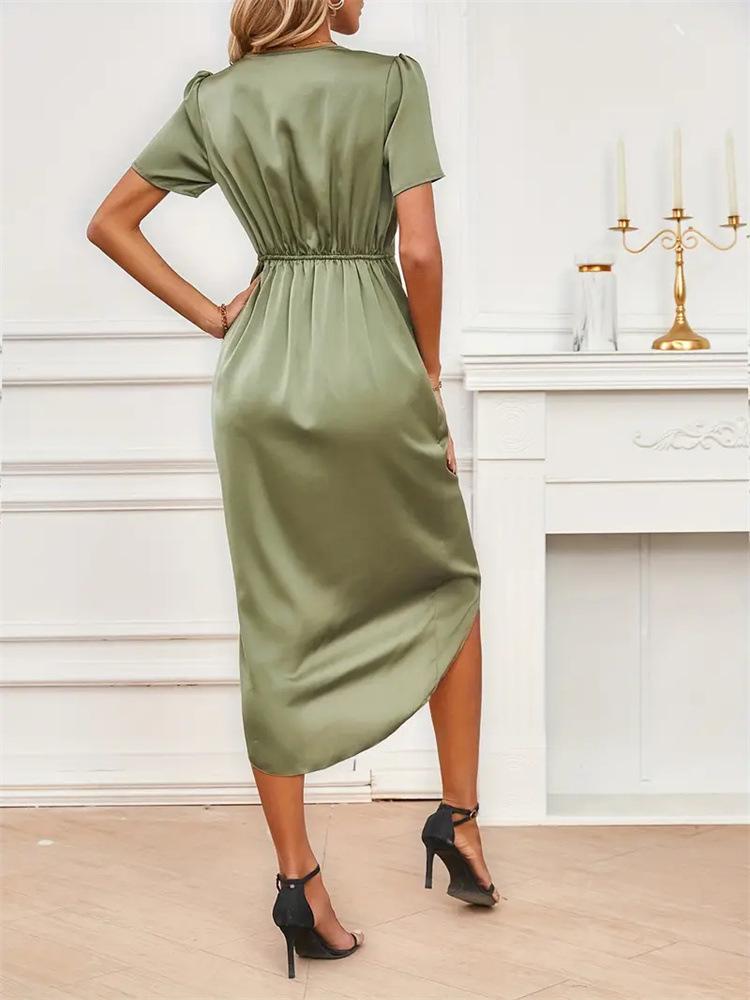 Women's Satin Crossover Wrap Dress - Spring/Summer Short Sleeve Long Irregular Skirt