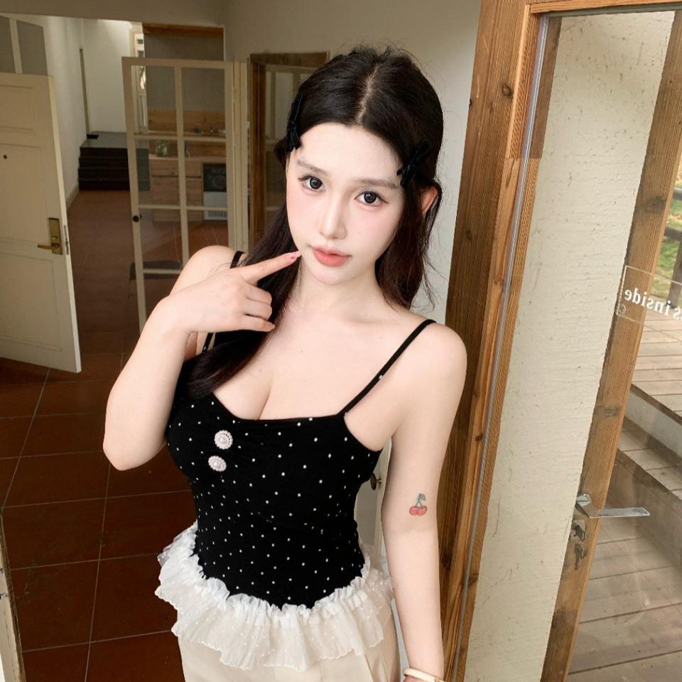 #Human Cotton Sweet Wind Polka Dot Lace Splicing Sling Vest with Lace Hem Slim Fit One-piece with Chest Pad