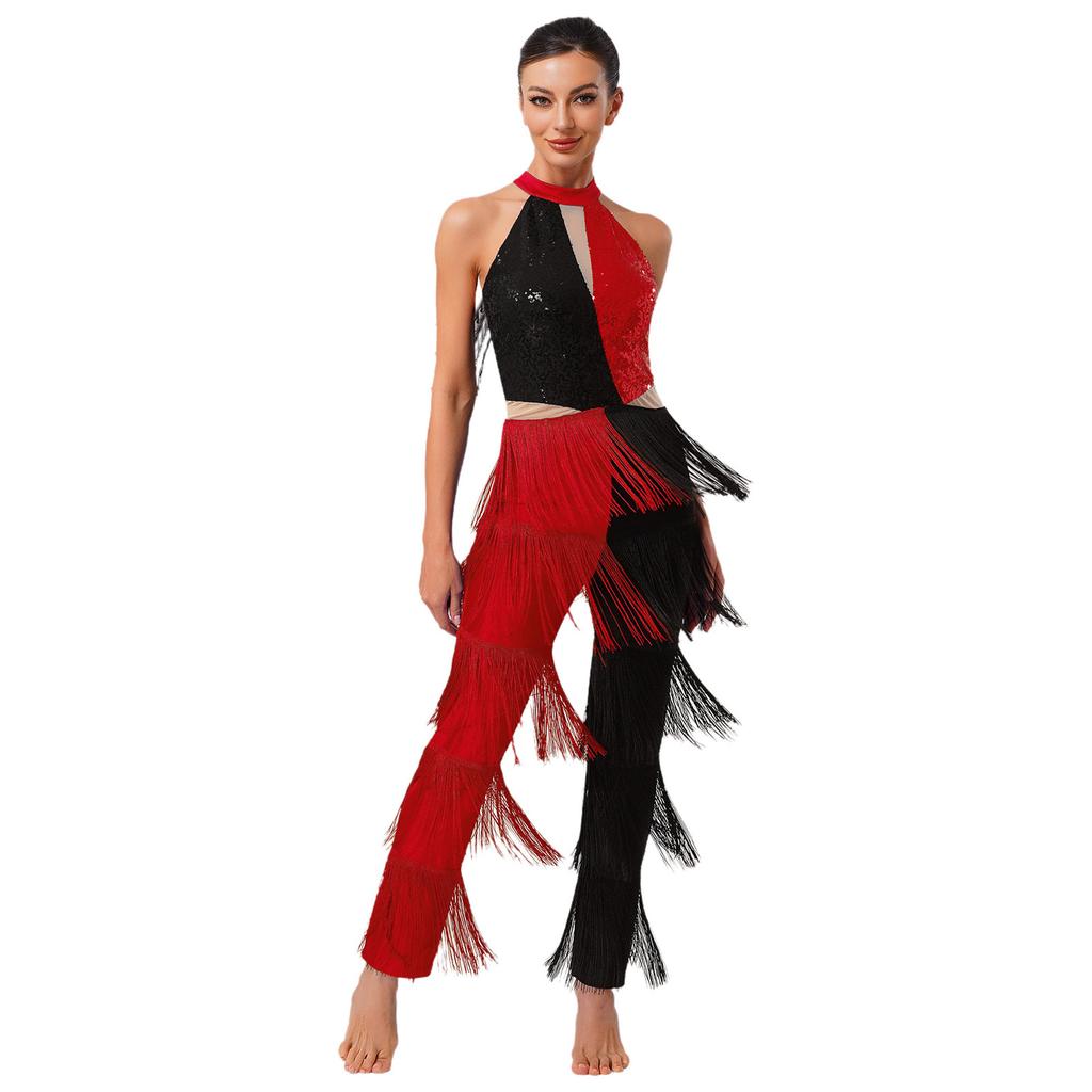 Mono Disco Mujer Años 70 Lentejuelas Brillantes Pecho Flecos Borlas Pantalón Largo Color Contraste Body de Una Pieza Ropa de Club para Baile