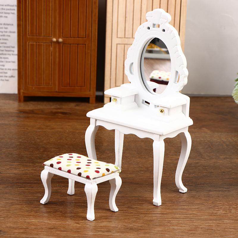 1:12 Dollhouse Toilet Table High Simulation Wooden Miniature Dressing Table with Mirror for Doll House Bedroom Furniture Decor