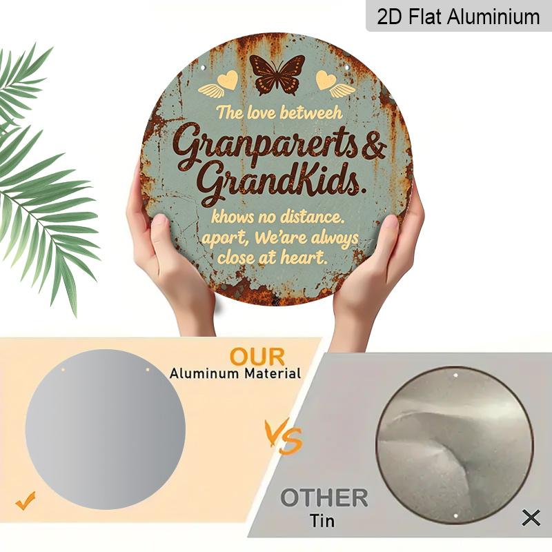2D Flat, 1pc Round Aluminum Grandparents & Grandkids Love Sign, Vintage Rustic Butterfly & Heart Wall Decor, Waterproof & Durable, Themed Around The