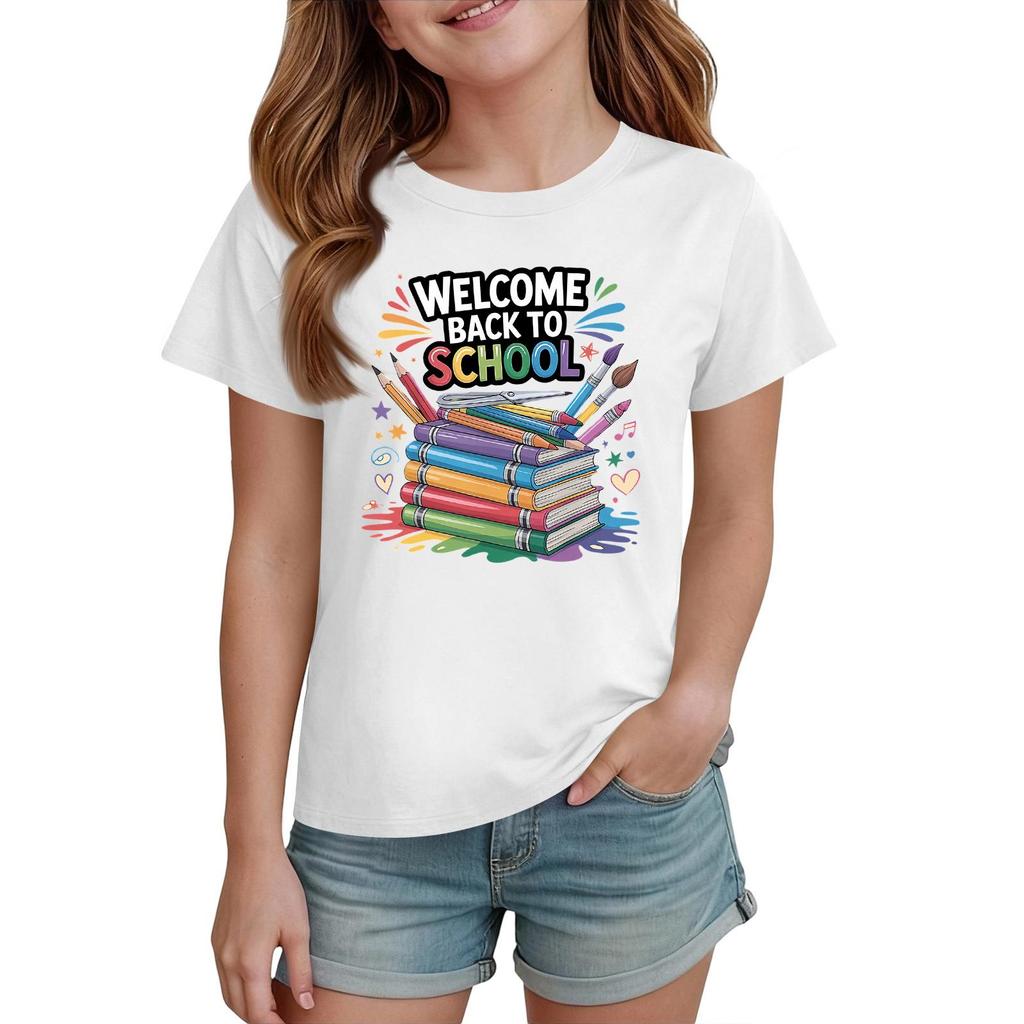 Kids Short Sleeve T Shirt Casual Crew Neck Tee Top Children Back to School Graphic Printed Lightweight Comfortable Summer Wear