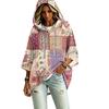 Women's Three-Quarter Sleeve Hooded Pullover Top with Patchwork Print for Casual Wear