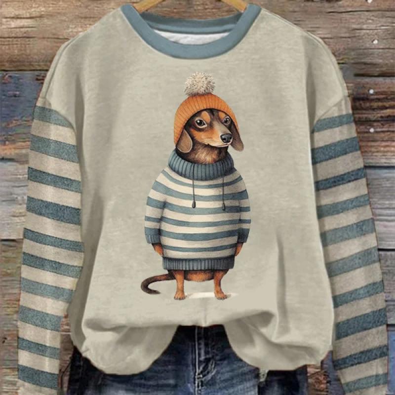 Stripet katt hettegenser for kvinner Mote O-hals genser Topp Uformell Streetwear Dame Genser Hip-Hop Dame Genser Klær