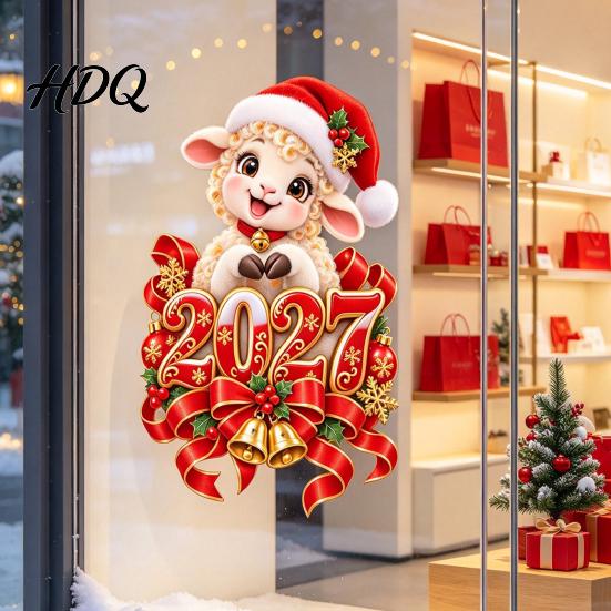 New Year Window Clings of The Sheep Cling 2027 Static Sticker Christmas Cartoon Easy Apply Glass Surface Decals Goat Decal with Santa Hat And Bells