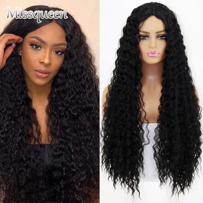 Afro Women Fashion Long Curly Black Wig Without Bangs Synthetic Fiber Black Curly Wig for Women