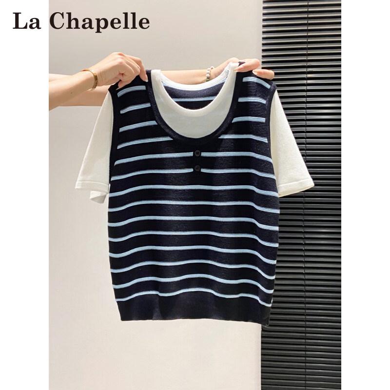 La Chapelle Women s Striped Faux Two-Piece Knitted T-Shirt M