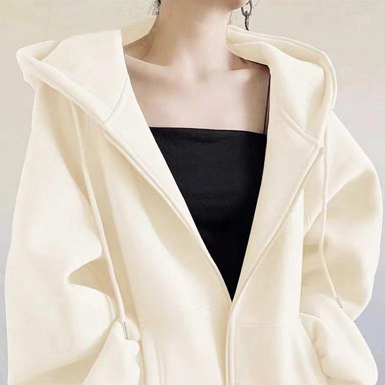 Autumn Winter Women's Fleece Sweatshirt Thickened Hooded Zip-up Loose Sweatshirt