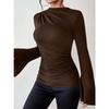 Herbst Neues Vielseitiges Raffdesign Glockenärmel Stehkragen Schlanke Passform Damen-T-Shirt