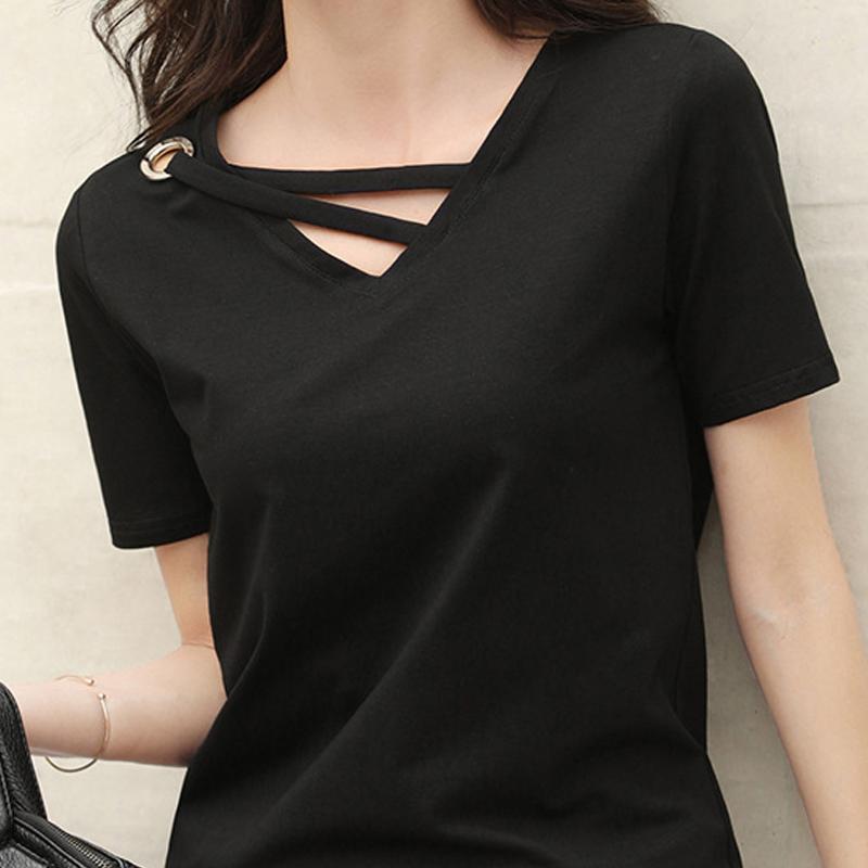2025 New Summer V-neck Loose Casual White T-shirt Women