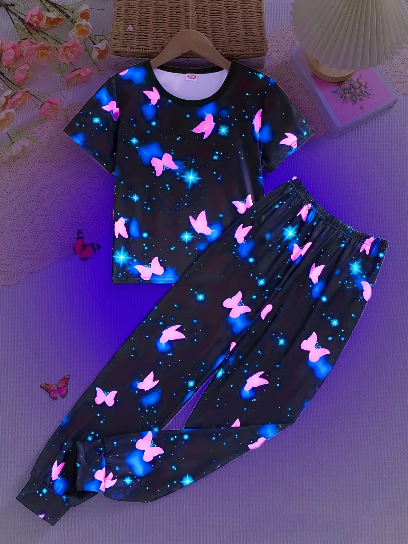 

Girls Short Sleeve Soft Pajama Set, Shining Pink Butterfly Elastic Waist Sleepwear Comfy Loungewear for Kids 13-14Y