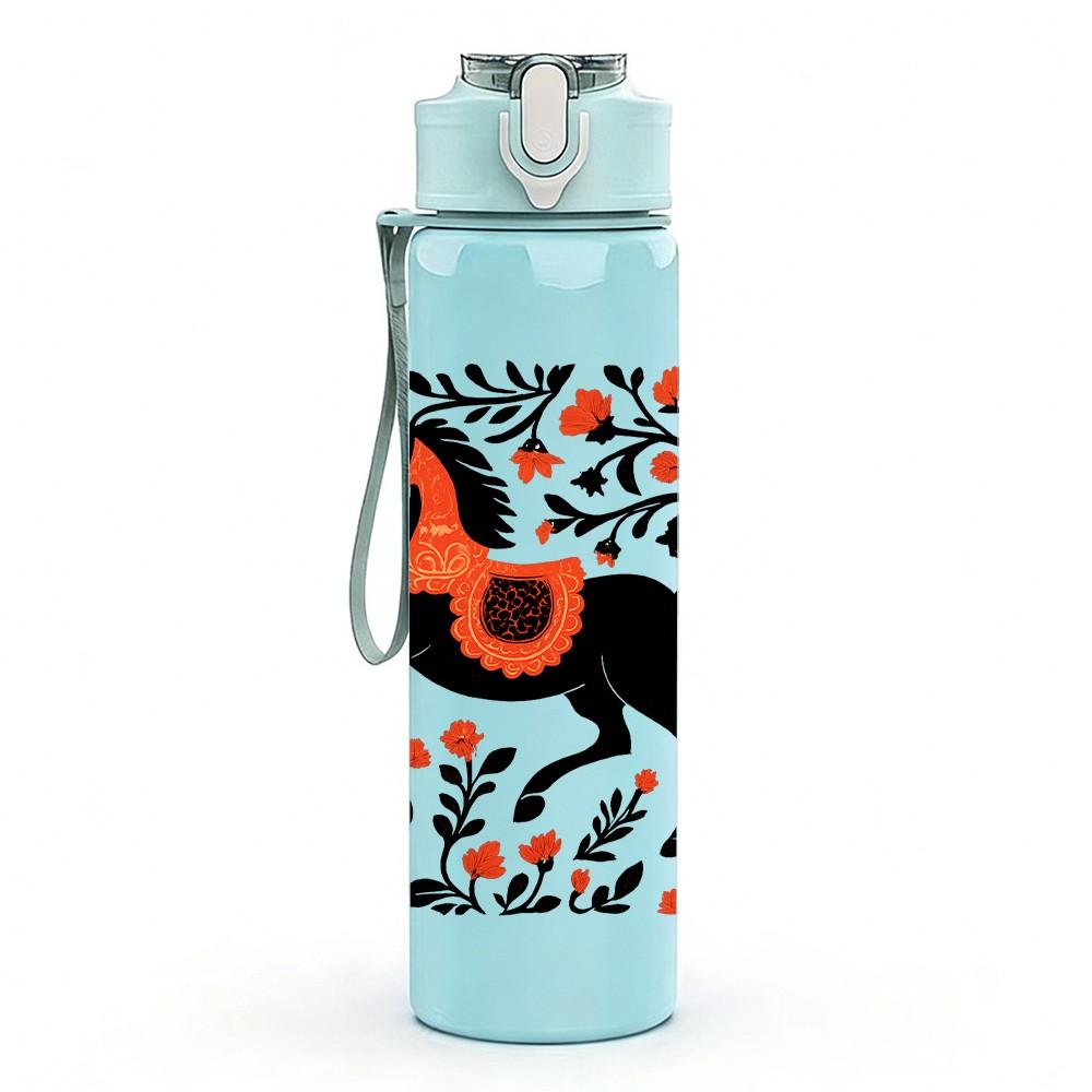 1PC Floral Black Horse Art 750ml Color Plastic Sports Water Bottle Leakproof Flip Straw Lid Suitable for Sports Office Home Use