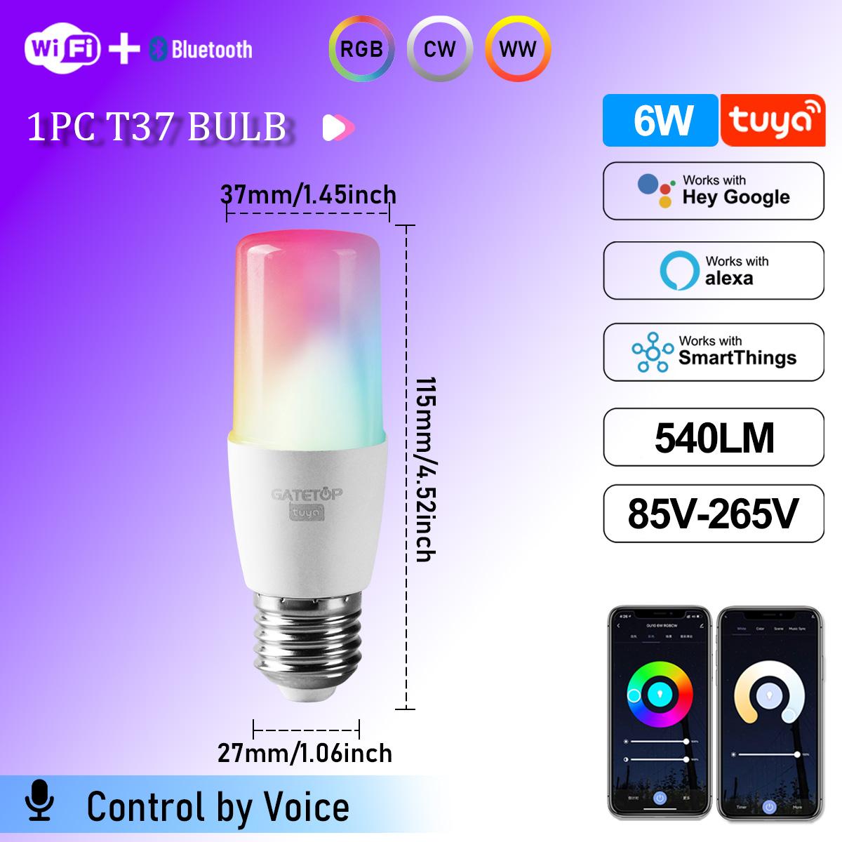 

1-10 шт. T37 E27 Умная светодиодная лампочка Wifi 6 Вт RGBCW WW Свеча Работает с Alexa Amazon Google Home Yandex Alice Smartthings 6w