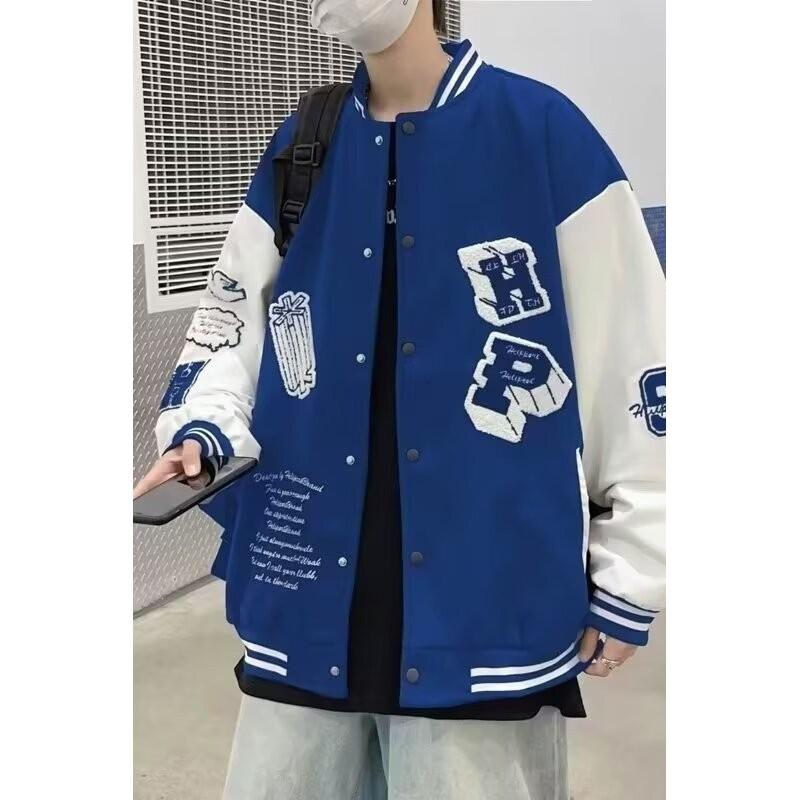 Unisex Streetwear Baseball Jacket With Color-Block Towel Embroidery Oversized Fit Fleece-Lined Collar Fall Casual