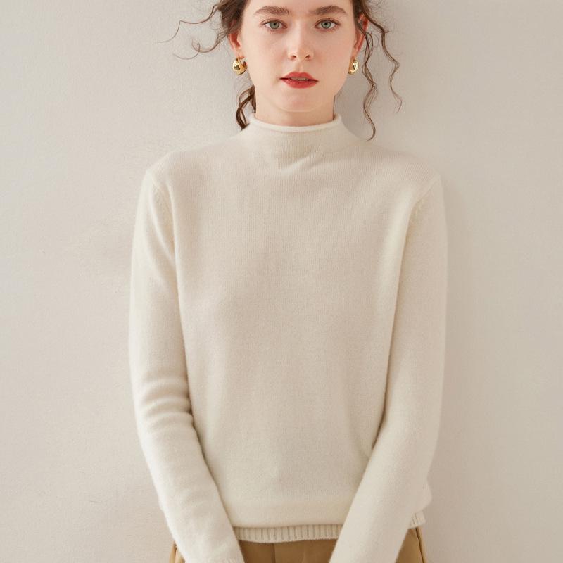 Women's Wool Blend Half-High Neck Knit Sweater - Fashionable Thickened Pullover for Autumn/Winter