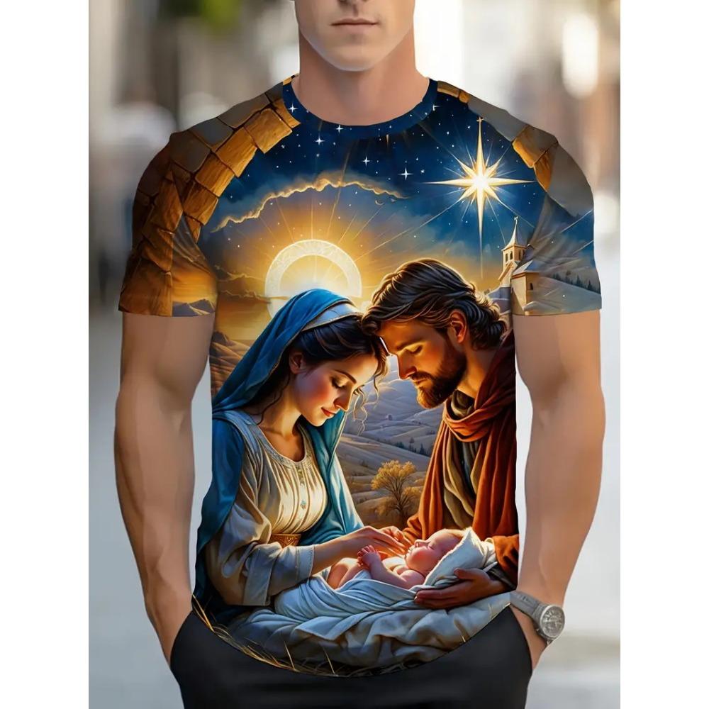 Men's 3D Print Jesus Virgin Mary T-Shirt Tops Casual Short Sleeve Crew Neck Jesus Birth Printed Tshirts For Men Streetwear
