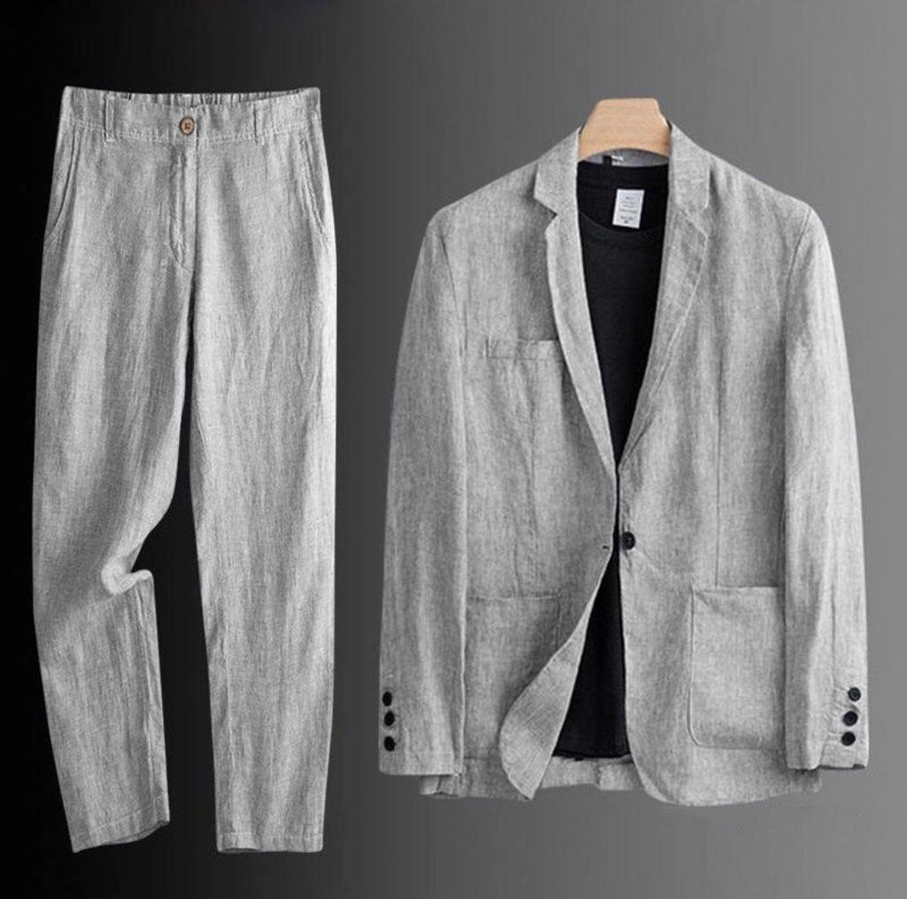 Herren Slim Fit Koreanischer Stil Leinen Sommer Anzug - Lässiges Zweiteiliges Set mit Lockerer Jacke und Sonnenschutz