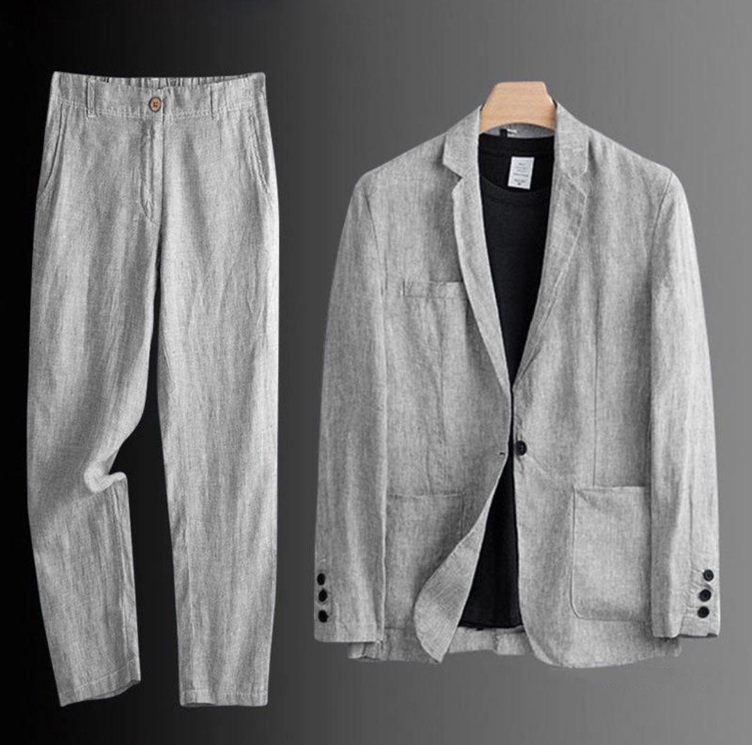 

Чоловічий літній костюм-трійка в корейському стилі Slim Fit з льону - Повсякденний комплект із двох предметів з вільним піджаком та захистом від сонця XXL сірий колір